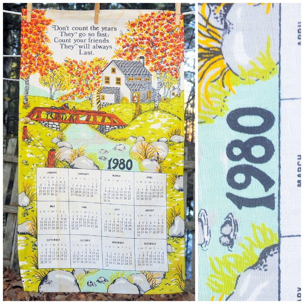VTG 1980 'Count Your Friends' Calendar Towel Watermill in Fall Full Towel Design